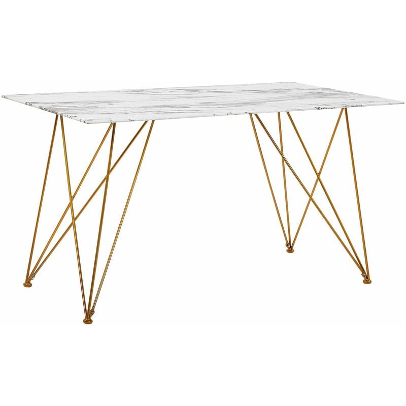 Esstisch Grau Weiß Gold 80 x 140 cm V förmigen Füße Sicherheitsglas Tischplatte Marmoroptik Rechteckig Modern - Weiß