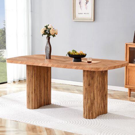 Esstisch mit geschwungenen Säulenbeinen. Elegante MDF-Platte, 180 x 90 cm, Holzfarbe.