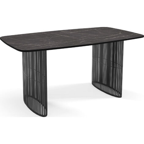 Esstisch Rechteckig Ausziehbar mit Lamellen im Loft-Stil – 160 bis 240 cm – Schwarzen Metallbeinen, Abgerundeten Ecken – für 8-12 Personen – Marmor Schwarz