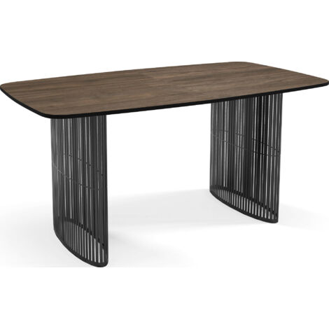 Esstisch Rechteckig Ausziehbar mit Lamellen im Loft-Stil – 160 bis 240 cm – Schwarzen Metallbeinen, Abgerundeten Ecken – für 8-12 Personen – Walnuss Braun