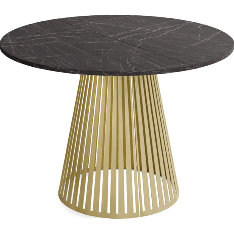 Esstisch Rund Ausziehbar mit Lamellen im Loft-Stil – 100 cm – Industrieller Tisch mit Goldenen Metallbeinen, Platzsparend für Wohnzimmer – Marmor Schwarz