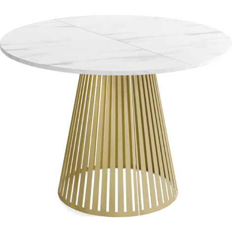 Esstisch Rund Ausziehbar mit Lamellen im Loft-Stil – 100 cm – Industrieller Tisch mit Goldenen Metallbeinen, Platzsparend für Wohnzimmer – Marmor Weiß
