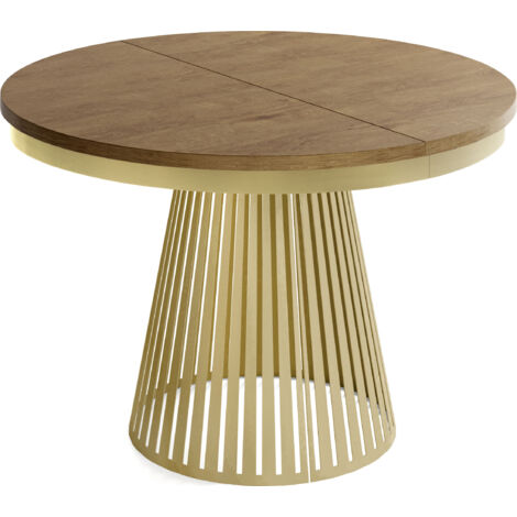 Esstisch Rund Ausziehbar mit Lamellen im Loft-Stil – 100 cm – Industrieller Tisch mit Metallbeinen in Gold, Platzsparend für Wohnzimmer – Eiche Braun Rustikal