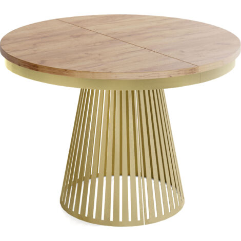 Esstisch Rund Ausziehbar mit Lamellen im Loft-Stil – 100 cm – Industrieller Tisch mit Metallbeinen in Gold, Platzsparend für Wohnzimmer Esszimmer – Eiche Braun