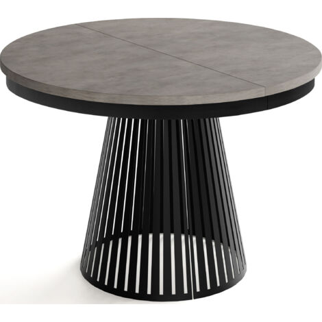 Esstisch Rund Ausziehbar mit Lamellen im Loft-Stil – 100 cm – Industrieller Tisch mit Schwarzen Metallbeinen, Platzsparend für Esszimmer – Beton-Optik Dunkelgrau