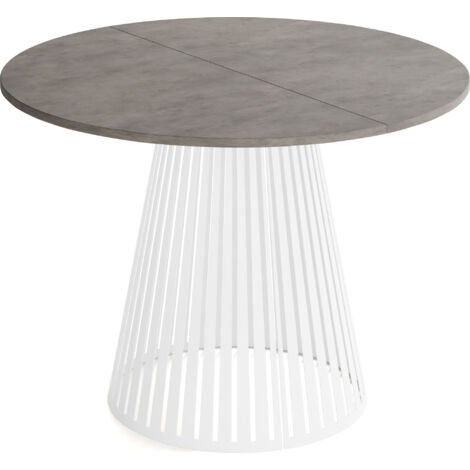 Esstisch Rund Ausziehbar mit Lamellen im Loft-Stil – 120 cm – Industrieller Tisch mit Weißen Metallbeinen, Platzsparend für Esszimmer – Beton-Optik Dunkelgrau