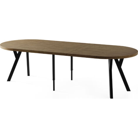 Esstisch Rund Groß XXL Ausziehbar im Loft-Stil – 100 bis 250 cm – Extra Lang Ausziehtisch mit Schwarzen Holzbeinen, für 5-14 Personen – Eiche Braun Rustikal