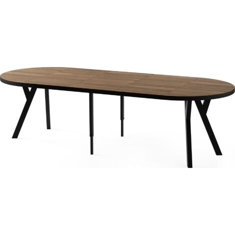 Esstisch Rund Groß XXL Ausziehbar im Loft-Stil – 100 bis 250 cm – Extra Lang Ausziehtisch mit Schwarzen Holzbeinen, für 5-14 Personen – Eiche Dunkelbraun Rustikal
