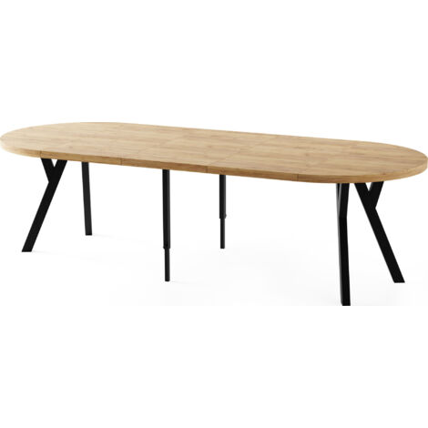 Esstisch Rund Groß XXL Ausziehbar im Loft-Stil – 100 bis 250 cm – Extra Lang Ausziehtisch mit Schwarzen Holzbeinen, Tisch für 5-14 Personen – Eiche Hell Braun