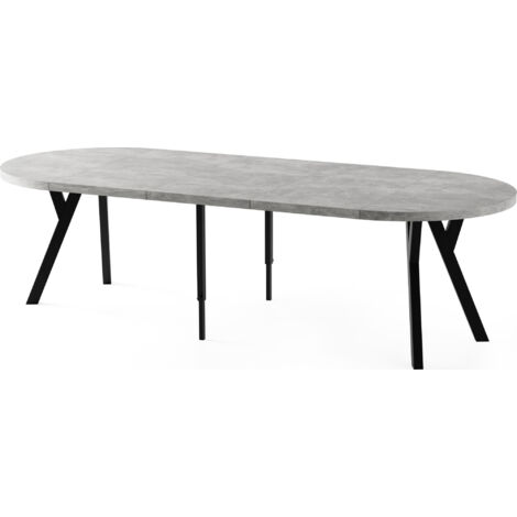Esstisch Rund Groß XXL Ausziehbar im Loft-Stil – 100 bis 250 cm – Extra Lang Ausziehtisch mit Schwarzen Holzbeinen, Tisch für 5-14 Personen – Grauer Beton