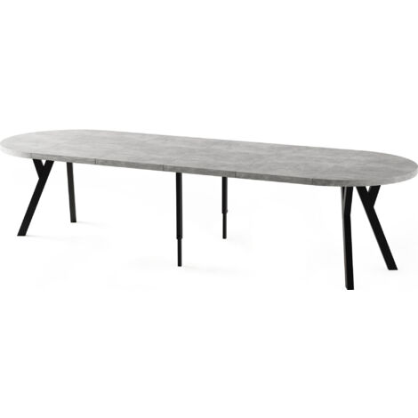 Esstisch Rund Groß XXL Ausziehbar im Loft-Stil – 100 bis 300 cm – Extra Lang Ausziehtisch mit Schwarzen Holzbeinen, für 5-16 Personen – Grauer Beton