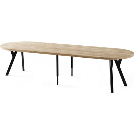 Esstisch Rund Groß XXL Ausziehbar im Loft-Stil – 100 bis 300 cm – Extra Lang Ausziehtisch mit Schwarzen Holzbeinen, Tisch für 5-16 Personen – Eiche Hell Braun