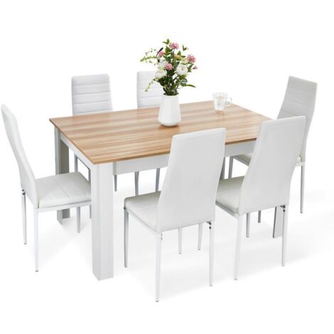 Esstisch Set mit 6 Stühlen, moderne Essgruppe mit Kunstleder Hochlehner, für Esszimmer/Wohnzimmer, 138x90x75cm, Weiß&Eiche, Mondeer
