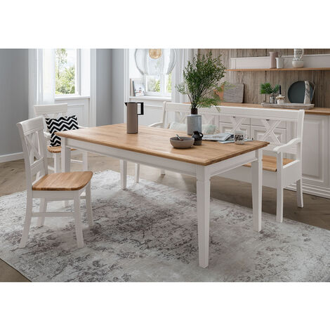 Esstischgruppe weiß ESBJERG-69 Landhausstil in Kiefer weiß lackiert mit Eiche massiv 4-teilig