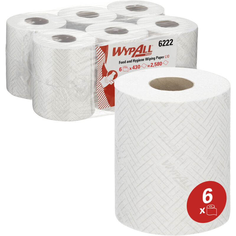 Essuyeur WypAll L10 Hygiène & Surfaces Alimentaires 6222 - Essuyeur de nettoyage à sec 1 épaisseur - 6 rouleaux blancs à dévidage central x 430