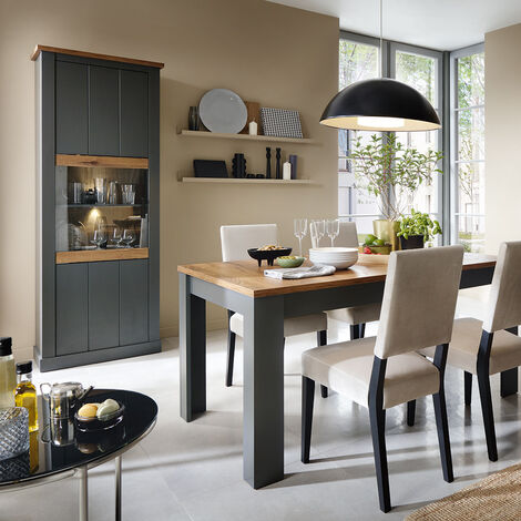 Esszimmer Set anthrazit mit Eiche PADBORG-129 Landhausstil 2-teilig mit Ausziehtisch 160-200cm