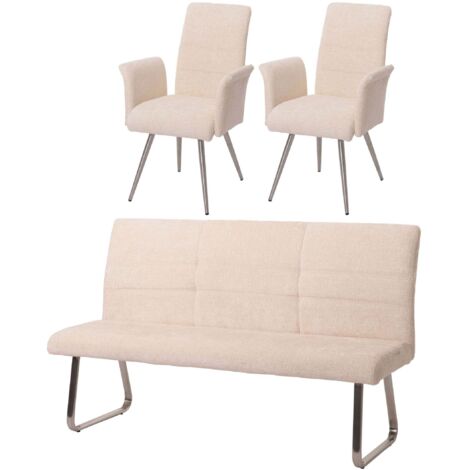 Esszimmer-Set HHG-221, 2er-Set Stuhl mit Armlehne+Sitzbank 180cm, Edelstahl gebürstet Stoff/Textil Chenille creme