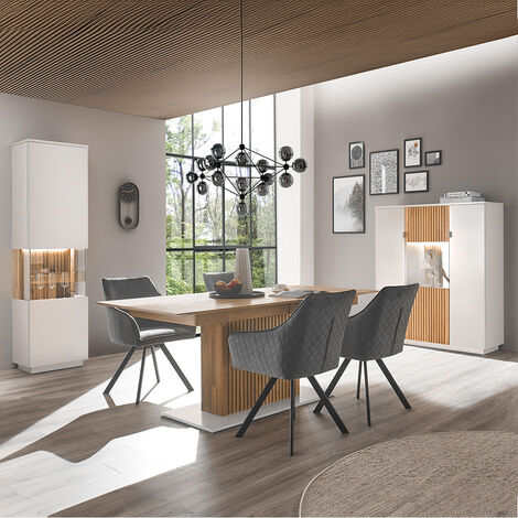 Esszimmer Set weiß 3-teilig LUCERA-52 Eiche massiv bianco geölt, Esstisch ausziehbar
