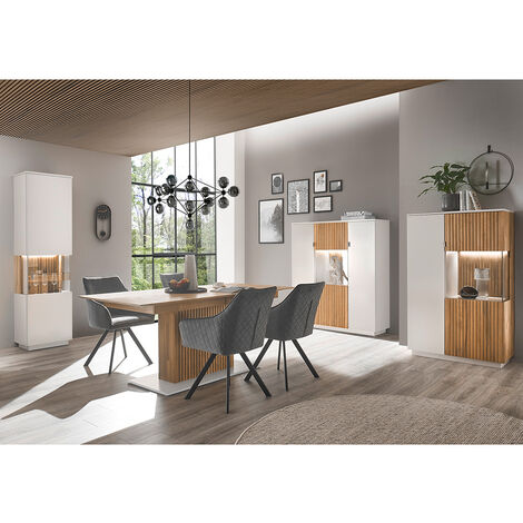 Esszimmer Set weiß 4-teilig LUCERA-52 Eiche massiv bianco geölt, Esstisch ausziehbar & LED Beleuchtung
