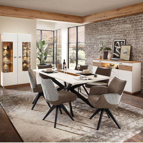 Esszimmer Set, weiß mit Eiche, FALLON-55, modern, 3-teilig, inkl. Beleuchtung