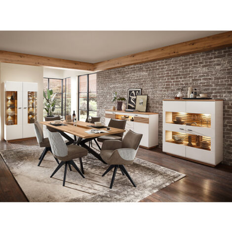 Esszimmer Set, weiß mit Eiche, FALLON-55, modern, 4-teilig, inkl. Beleuchtung