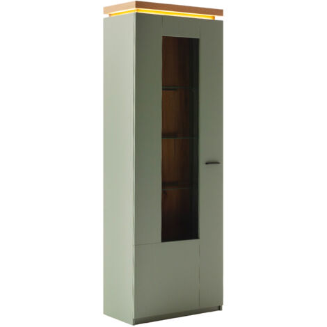 Esszimmer-Vitrine mit 70 cm Breite in Grün mit Eiche, 1 Tür, Glaseinsatz, LED-Akzentbeleuchtung - MOSTAR-05