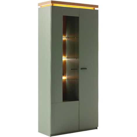 Esszimmer-Vitrinenschrank mit 88 cm Breite in Grün mit Eiche, 2 Türen, Glaseinsatz,LED-Beleuchtung - MOSTAR-05