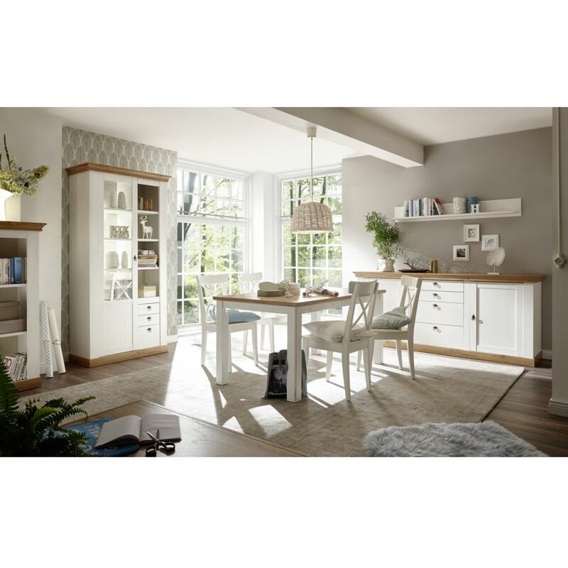 Esszimmermöbel-Set im Landhaus-Stil LINARES-61 in Pinie weiß / Wotan Eiche Nb. mit großem Sideboard - (ohne Stühle) B/H/T ca.: 646x204x52cm