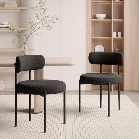 Esszimmerstühle 2er Set丨Teddy Stoff Runde Boucle Stühle·Mid-Century gepolsterte Küchenstühle·Dining Chairs mit Metallbeinen·schwarz