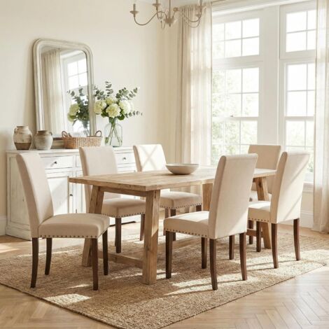 Esszimmerstühle 6er Set, Traditionell mit Nieten Vielseitiger, Leinen mit Massivholzbeinen, Gepolsterte Sitzfläche, für Küche, Esszimmer(Beige, 6pcs)