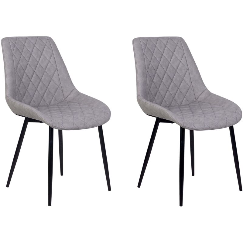 Beliani Esszimmerstuhl 2er Set Hellgrau Kunstleder Gesteppt Diamantsteppung Mit Schwarzen Metallbeinen Hoher Rückenlehne Retro Design Wohnzimmer