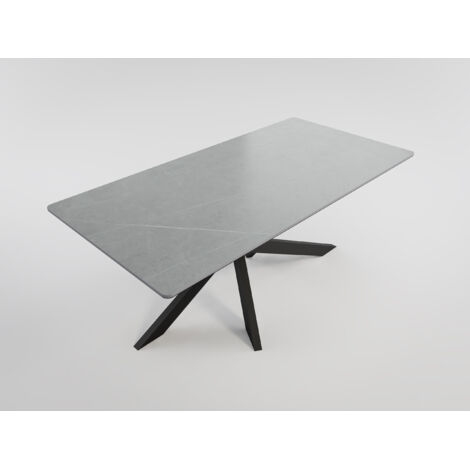 Esszimmertisch ELLEN 180x90cm graue Keramikplatte schwarzes Kreuzgestell