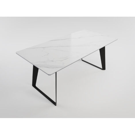 Esszimmertisch FLORINT 180x90cm weiße Keramikplatte schwarze Design-Tischkufen