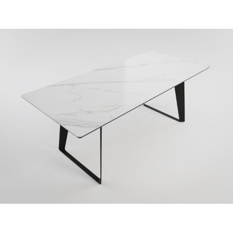 Esszimmertisch FLORINT 200x90cm weiße Keramikplatte schwarze Design-Tischkufen