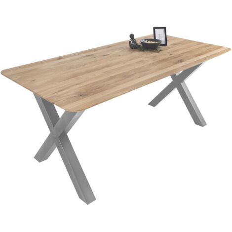 Esszimmertisch Schweizer Kante eckig massiv & geölt Eiche 160x85 silber X-Gestell Lotte