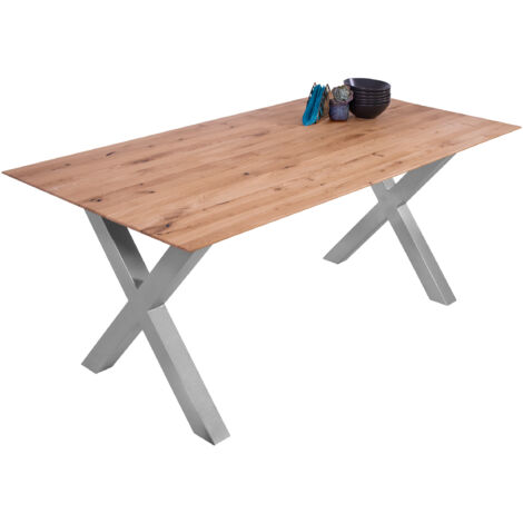 Esszimmertisch Schweizer Kante eckig massiv & geölt Eiche 200x100 silber X-Gestell Lotte