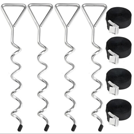 Estacas de anclaje en espiral, kit de correas tensoras, juego de 4 anclajes para trampolín, anclaje al suelo, estacas de anclaje en espiral, 4 estacas y 4 Tiras