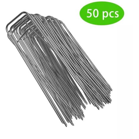 Estacas de jardín a prueba de óxido - Anclajes de tierra versátiles en forma de U para césped, césped artificial, láminas, redes y telas para jardinería - 7,8 pulgadas (200 mm) - Paquete de 50