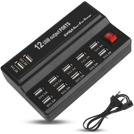 Estación de carga de 12 puertos, adaptador de corriente USB de 5 V y 10 A, cargador multipuerto para teléfonos móviles, tabletas y otros dispositivos (UE)