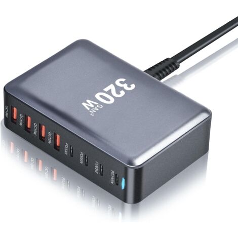 Estación de carga rápida GaN III de 320 W con 8 puertos USB-C, concentrador USB-C, cargador PD, adaptador de pared portátil con 4 puertos USB-C + 4 puertos USB-A, puerto de 100 W para MacBook Pro/Air,