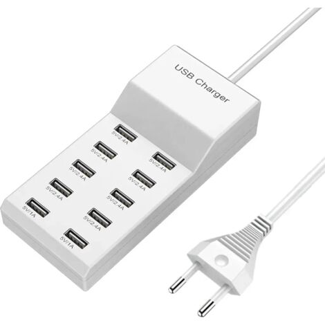 Estación de carga USB de 10 puertos, cargador USB, toma de corriente portátil, compatible con diversos dispositivos, incluidos teléfonos inteligentes, tabletas y ordenadores portátiles.