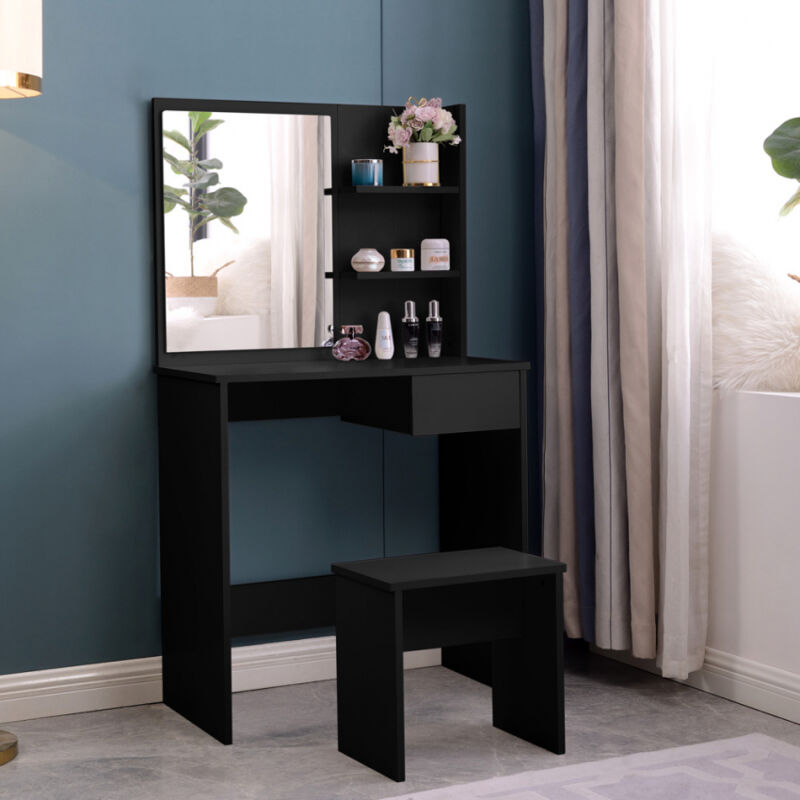 

Tocador maquillaje negro con espejo cajón y taburete Mayca Black