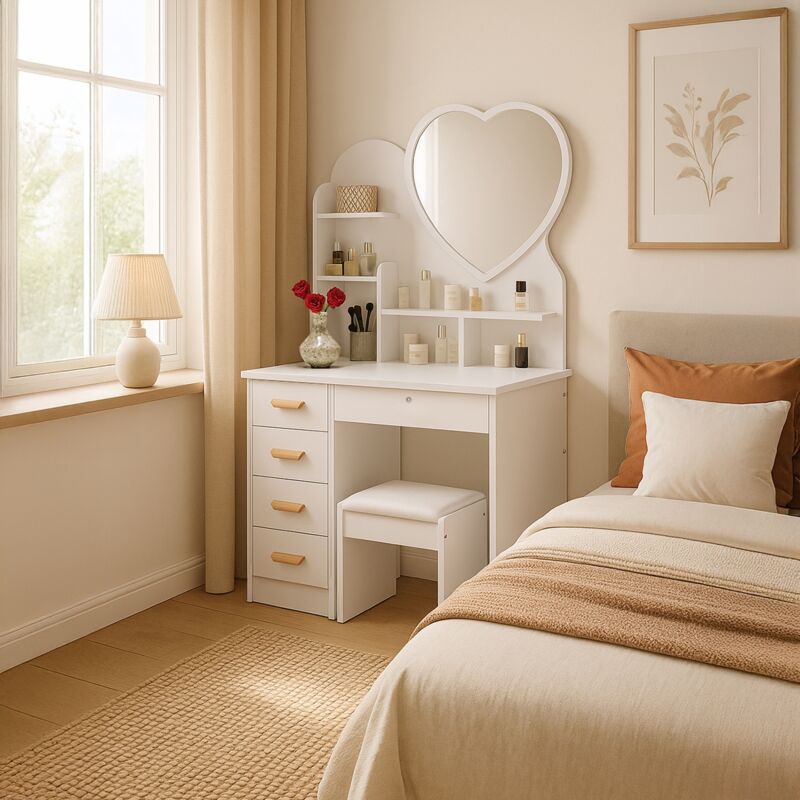 

Tocador de maquillaje con espejo de corazón taburete dormitorio Clara