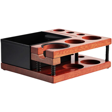 Estación de prensado 2 en 1 con caja para posos, portafiltros universal de madera natural de 51–58 mm, soporte telescópico con resorte y base antideslizante.