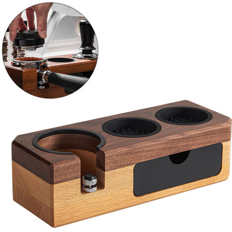 Estación de prensado de madera para café espresso, compatible con portafiltros de 51 mm a 58 mm: soporte para prensador, nivelador y almacenamiento.