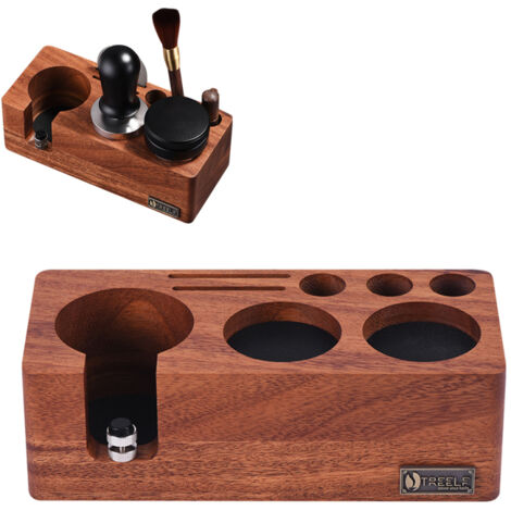 Estación de prensado de nogal para máquina de espresso de 54 mm, soporte para portafiltro, altura ajustable, 3 en 1: organizador, dispensador y portafiltro para encimera.