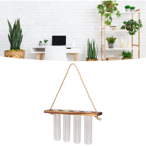 Estación de propagación con soporte de madera y 4 tubos de vidrio – tubos de ensayo en colores vintage – soporte de 22 cm – 4 tubos de 10 cm – incluye gancho y cepillo