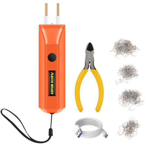 Estación de soldadura de plástico inalámbrica, kit de soldadura portátil con 400 grapas, mini máquina de soldadura portátil para reparar grietas de plástico en parachoques de automóviles, color naranj