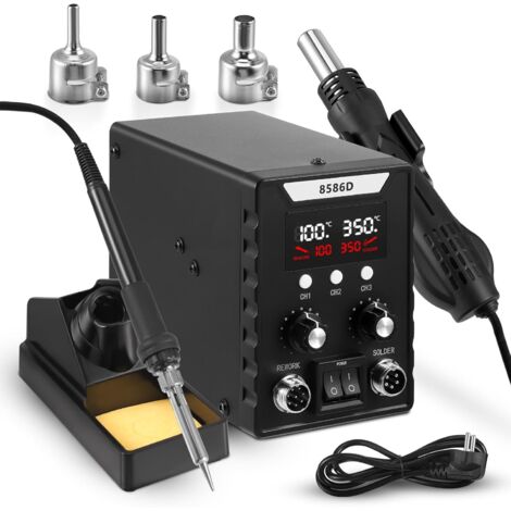 Estación de soldadura, estación de soldadura, 2 en 1 con temperatura ajustable de 100 a 500 °C, caudal de aire ajustable, control de temperatura PID, función de arranque/parada automática, 3 rociadore