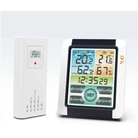 Estación meteorológica, 1 juego de medidores inalámbricos de temperatura y humedad para interiores y exteriores, reloj meteorológico a color con gran pantalla LCD táctil.
